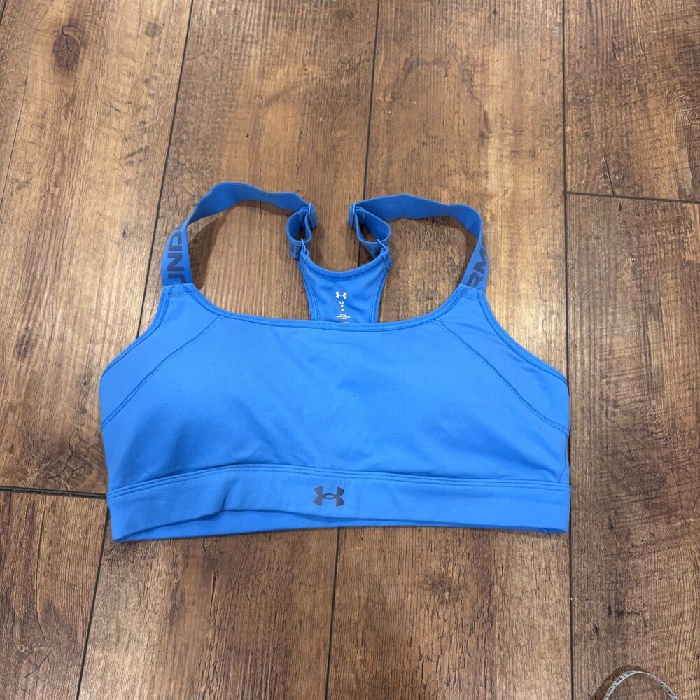 Under Armour Women's Large Fitted Sports Bra Blue Athletic Full Cover Logo Strap - Picture 2 of 7
